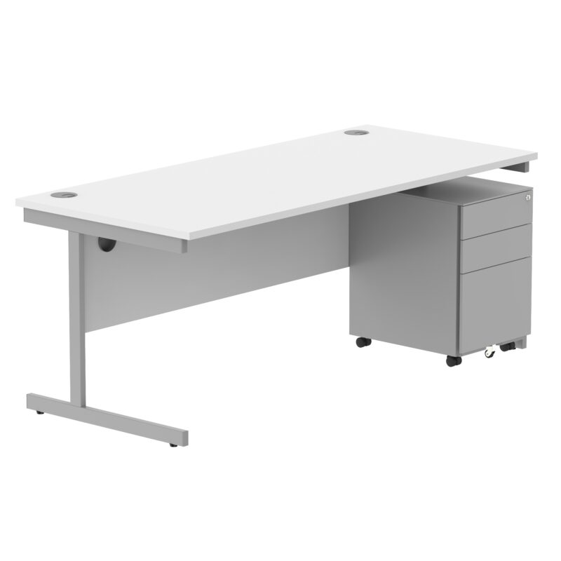 CORE Single Upright Rectangular Desk + Under Desk Steel Pedestal 3 Drawers | 1800 X 800 | Arctic White/Silver