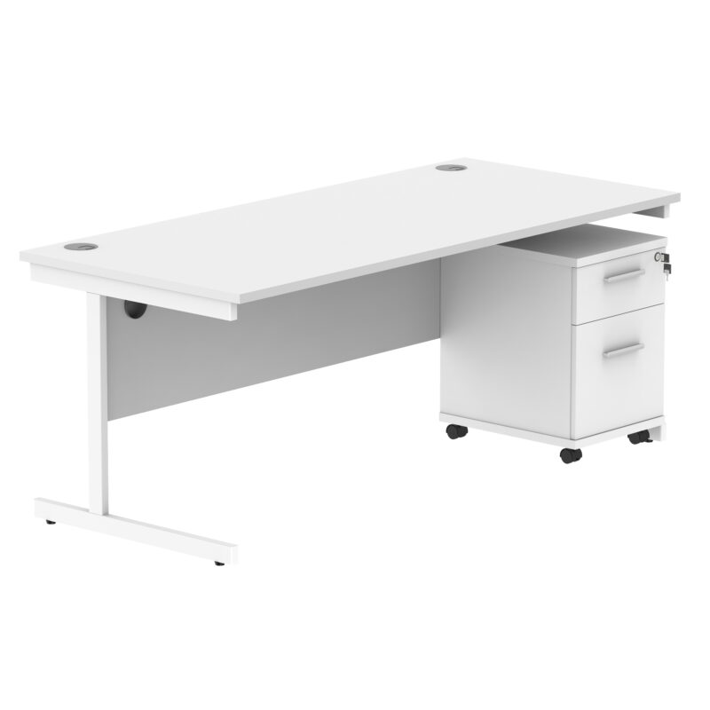 Single Upright Rectangular Desk + 2 Drawer Mobile Under Desk Pedestal | 1800 X 800 | Arctic White/White