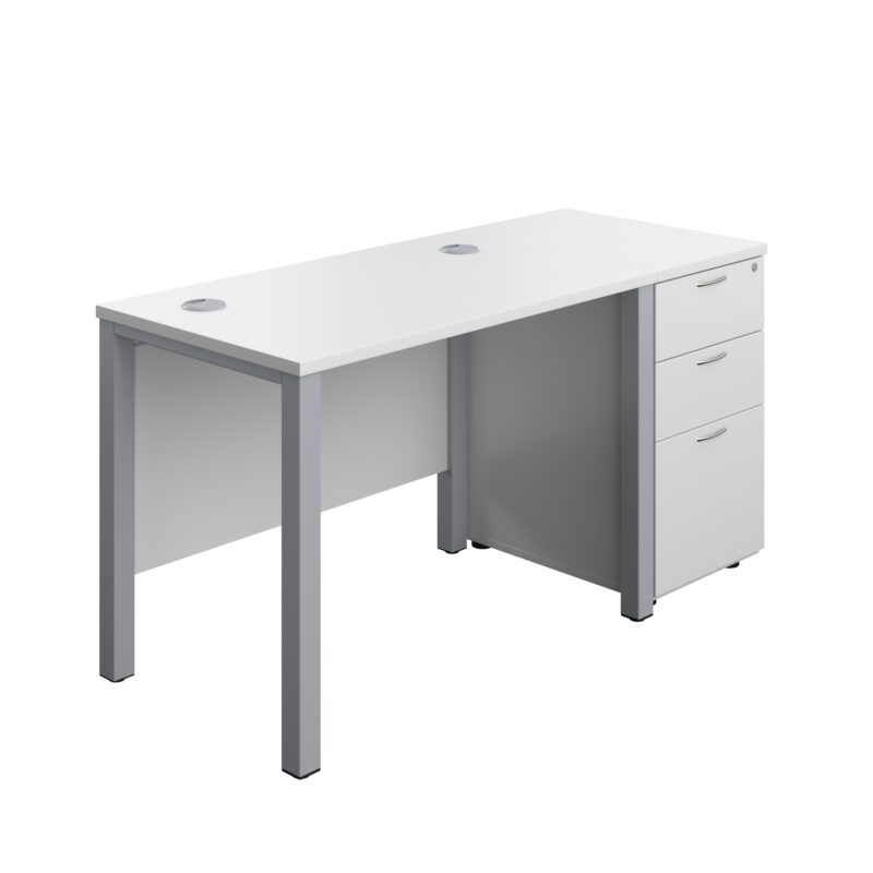 Goal Post Rectangular Desk + 3 Drawer Desk High Pedestal | 1000x600 | White/Silver