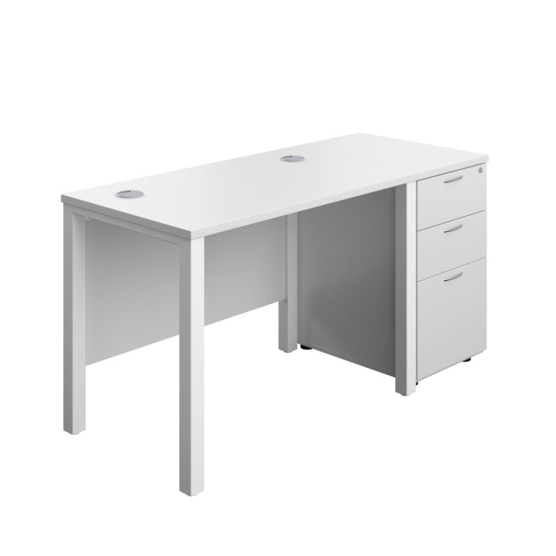 Goal Post Rectangular Desk + 3 Drawer Desk High Pedestal | 1000x600 | White/White