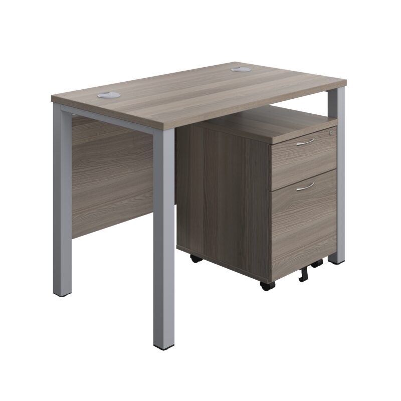 Goal Post Rectangular Desk + 2 Drawer Mobile Pedestal | 1000x600 | Grey oak/Silver