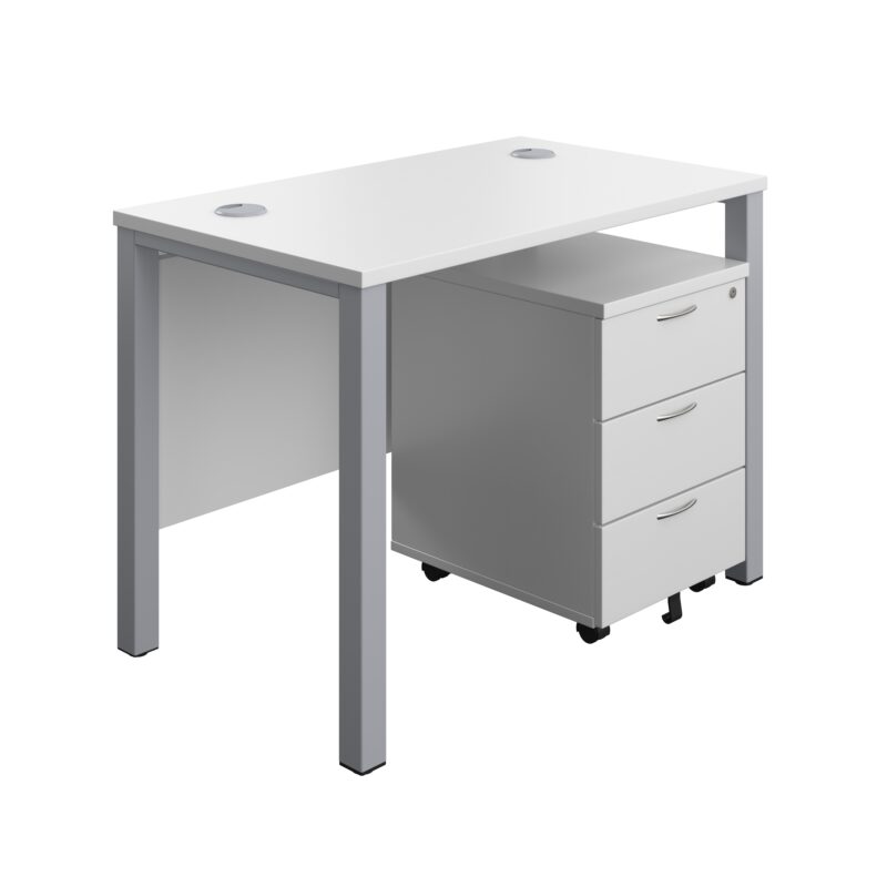 Goal Post Rectangular Desk + 3 Drawer Mobile Pedestal | 1000x600 | White/Silver