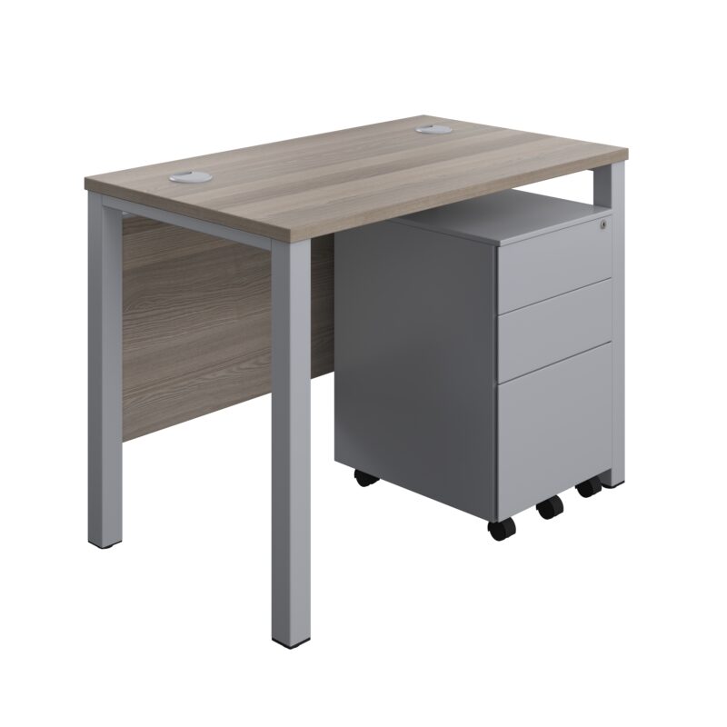 Goal Post Rectangular Desk + 3 Drawer Steel Pedestal | 1000x600 | Grey oak/Silver