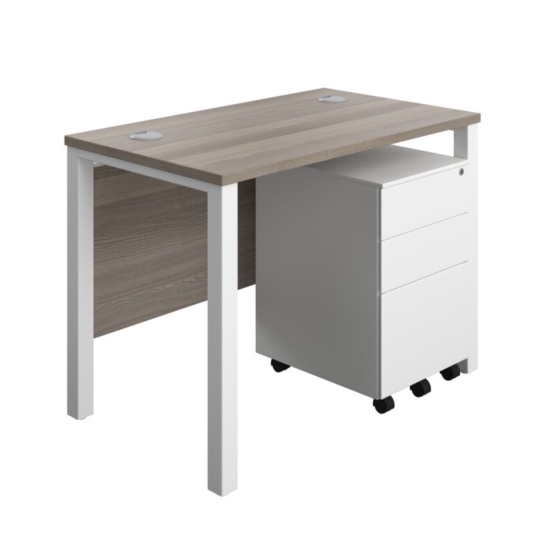 Goal Post Rectangular Desk + 3 Drawer Steel Pedestal | 1000x600 | Grey oak/White