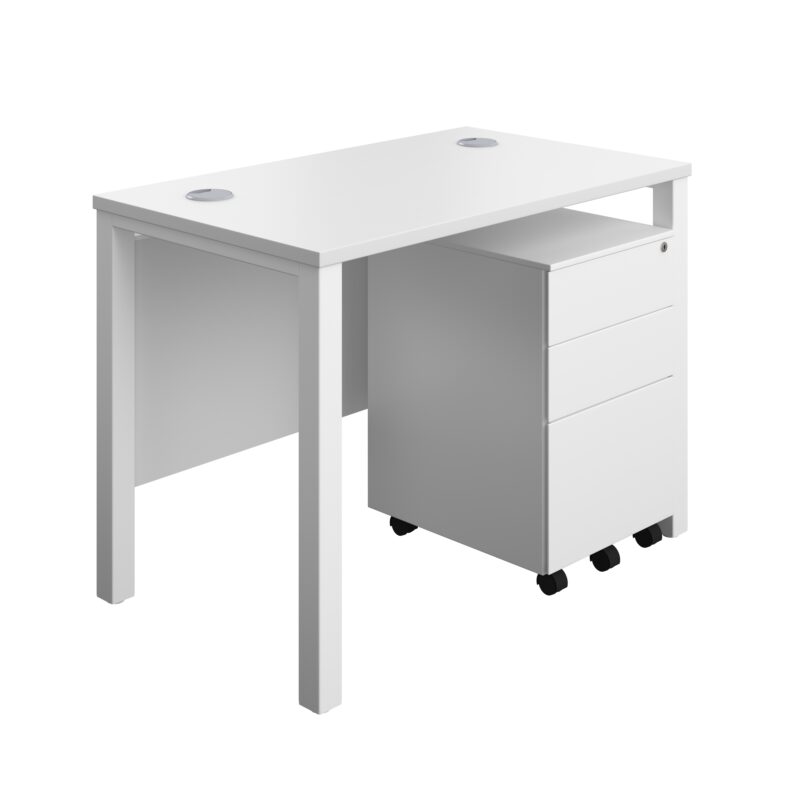 Goal Post Rectangular Desk + 3 Drawer Steel Pedestal | 1000x600 | White/White