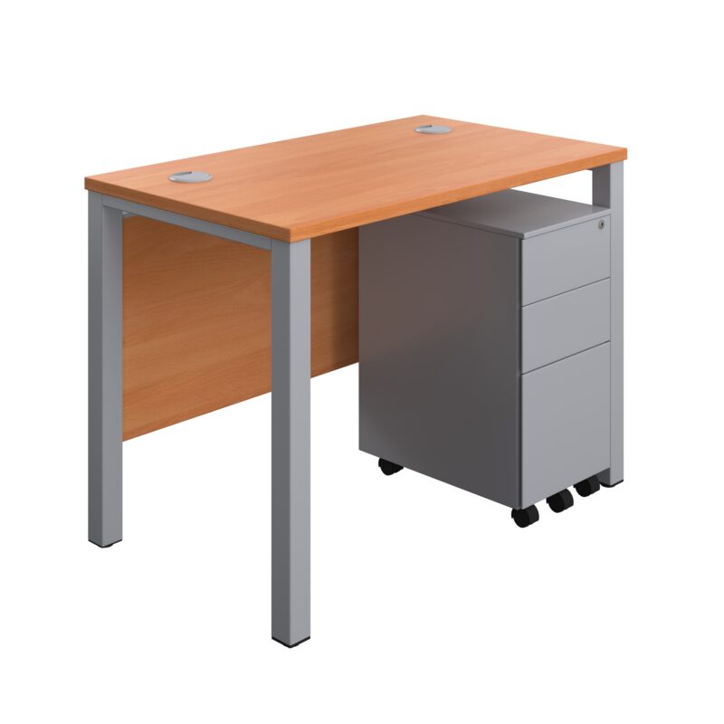 Goal Post Rectangular Desk + 3 Drawer Slimline Steel Pedestal | 1000x600 | Beech/Silver