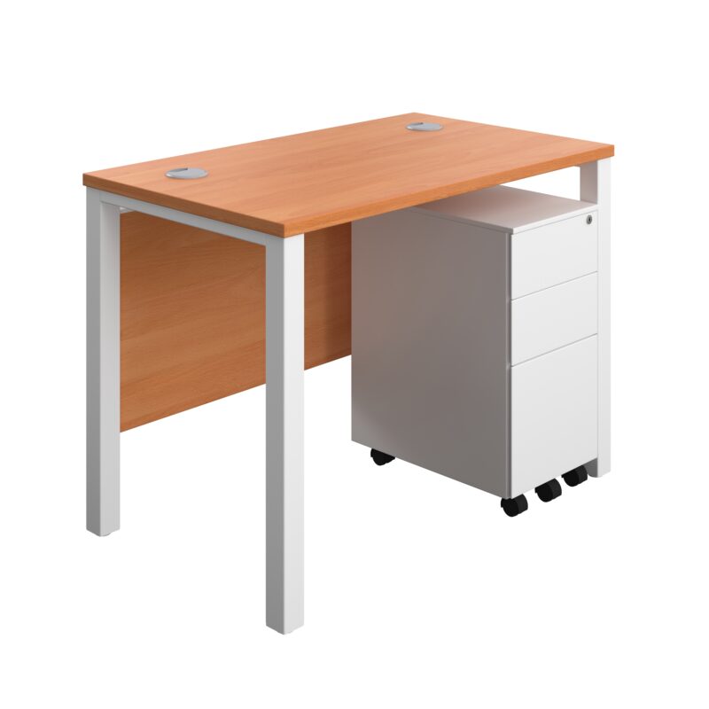 Goal Post Rectangular Desk + 3 Drawer Slimline Steel Pedestal | 1000x600 | Beech/White