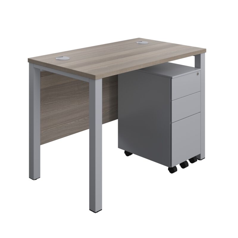 Goal Post Rectangular Desk + 3 Drawer Slimline Steel Pedestal | 1000x600 | Grey oak/Silver