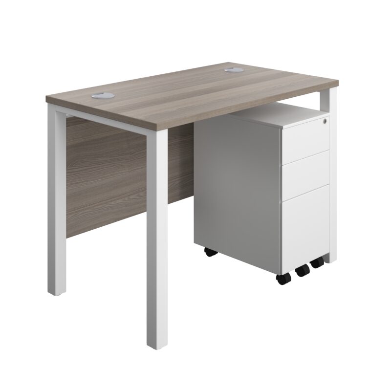 Goal Post Rectangular Desk + 3 Drawer Slimline Steel Pedestal | 1000x600 | Grey oak/White