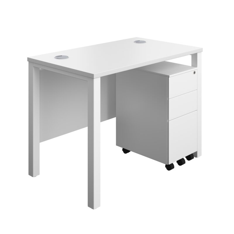 Goal Post Rectangular Desk + 3 Drawer Slimline Steel Pedestal | 1000x600 | White/White