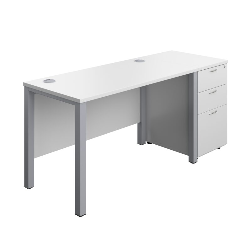 Goal Post Rectangular Desk + 3 Drawer Desk High Pedestal | 1200x600 | White/Silver