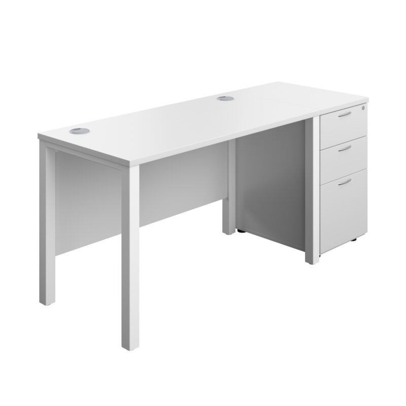 Goal Post Rectangular Desk + 3 Drawer Desk High Pedestal | 1200x600 | White/White