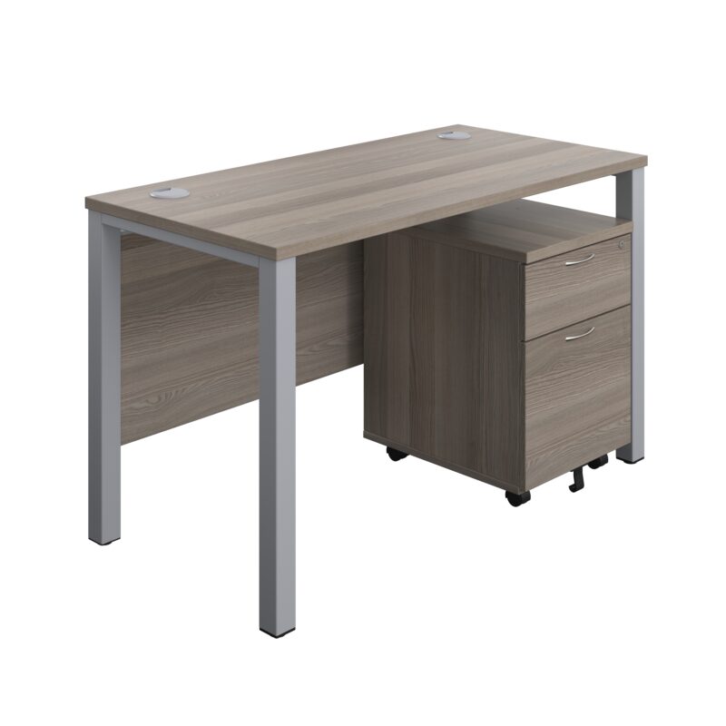 Goal Post Rectangular Desk + 2 Drawer Mobile Pedestal | 1200x600 | Grey oak/Silver