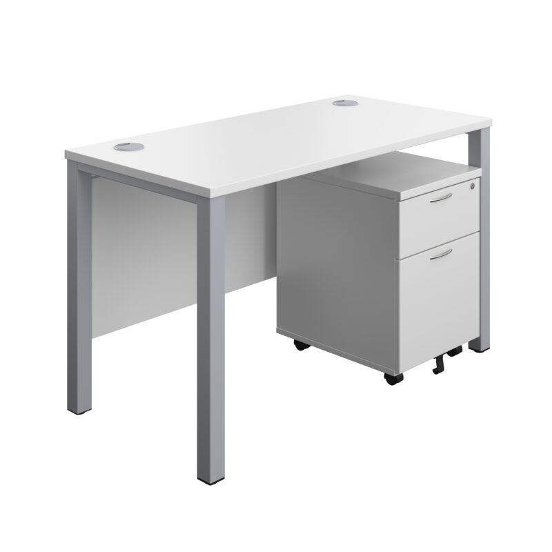 Goal Post Rectangular Desk + 2 Drawer Mobile Pedestal | 1200x600 | White/Silver