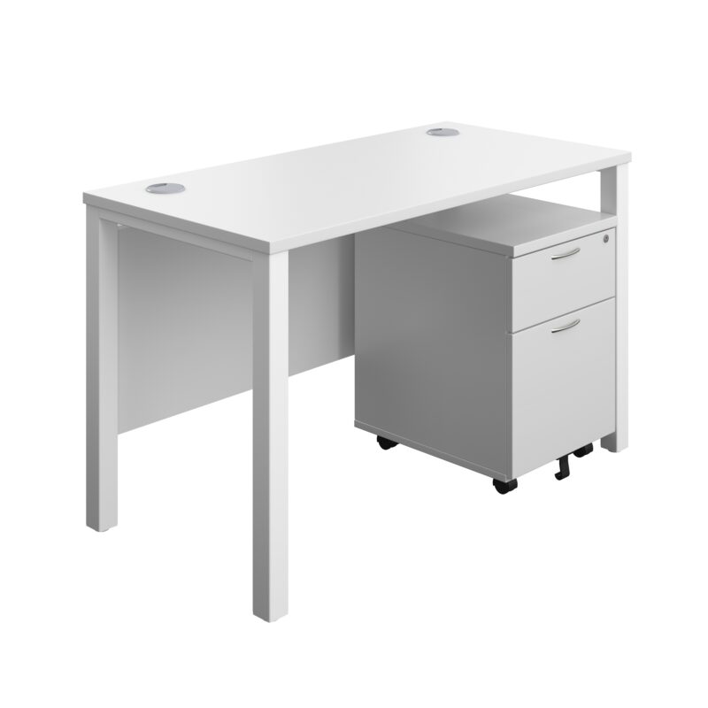 Goal Post Rectangular Desk + 2 Drawer Mobile Pedestal | 1200x600 | White/White