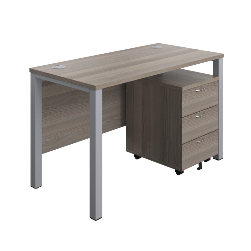 Goal Post Rectangular Desk + 3 Drawer Mobile Pedestal | 1200x600 | Grey oak/Silver