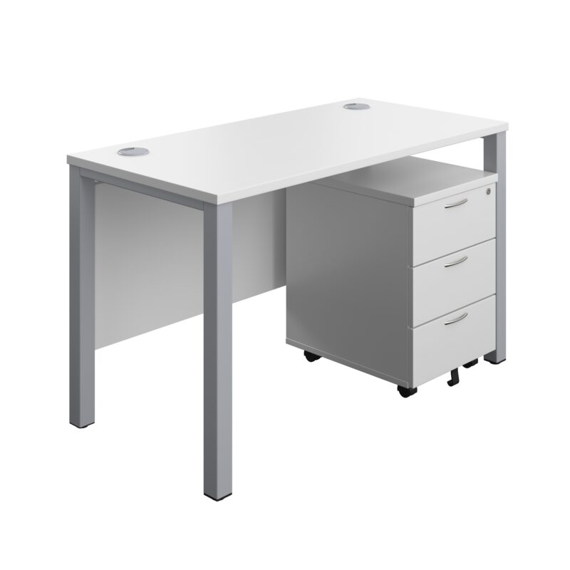 Goal Post Rectangular Desk + 3 Drawer Mobile Pedestal | 1200x600 | White/Silver