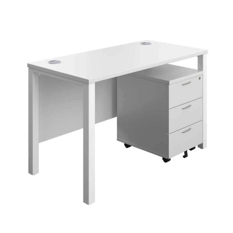 Goal Post Rectangular Desk + 3 Drawer Mobile Pedestal | 1200x600 | White/White