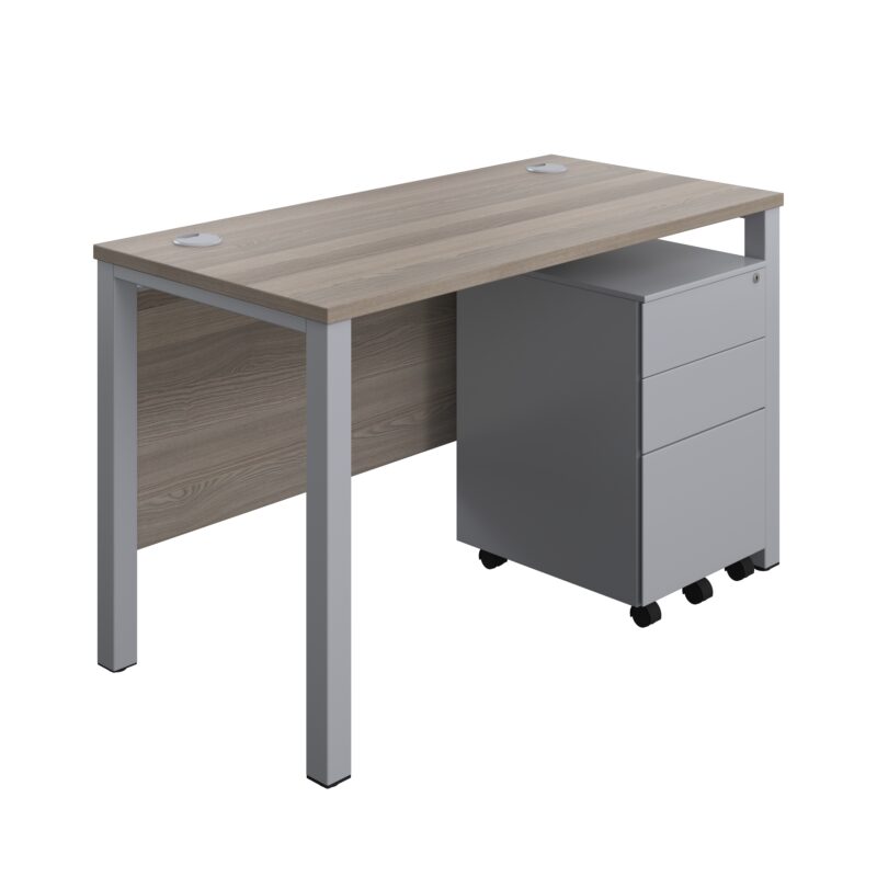 Goal Post Rectangular Desk + 3 Drawer Steel Pedestal | 1200x600 | Grey oak/Silver