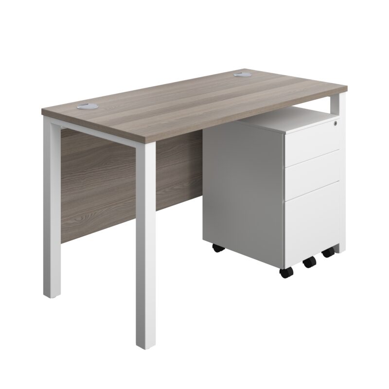 Goal Post Rectangular Desk + 3 Drawer Steel Pedestal | 1200x600 | Grey oak/White