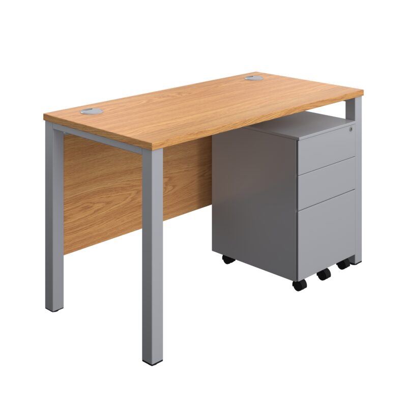 Goal Post Rectangular Desk + 3 Drawer Steel Pedestal | 1200x600 | Nova oak/Silver