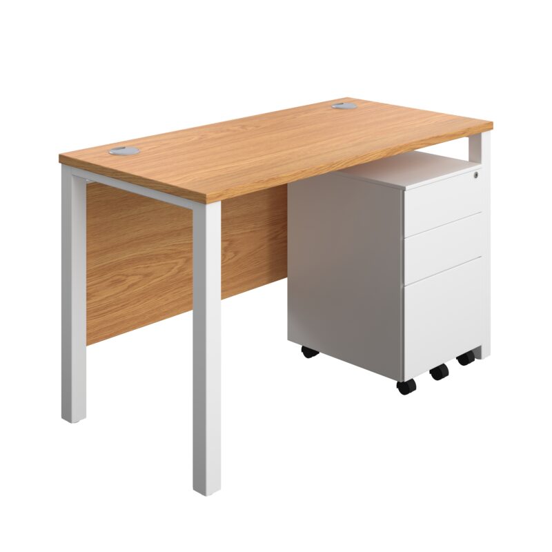 Goal Post Rectangular Desk + 3 Drawer Steel Pedestal | 1200x600 | Nova oak/White