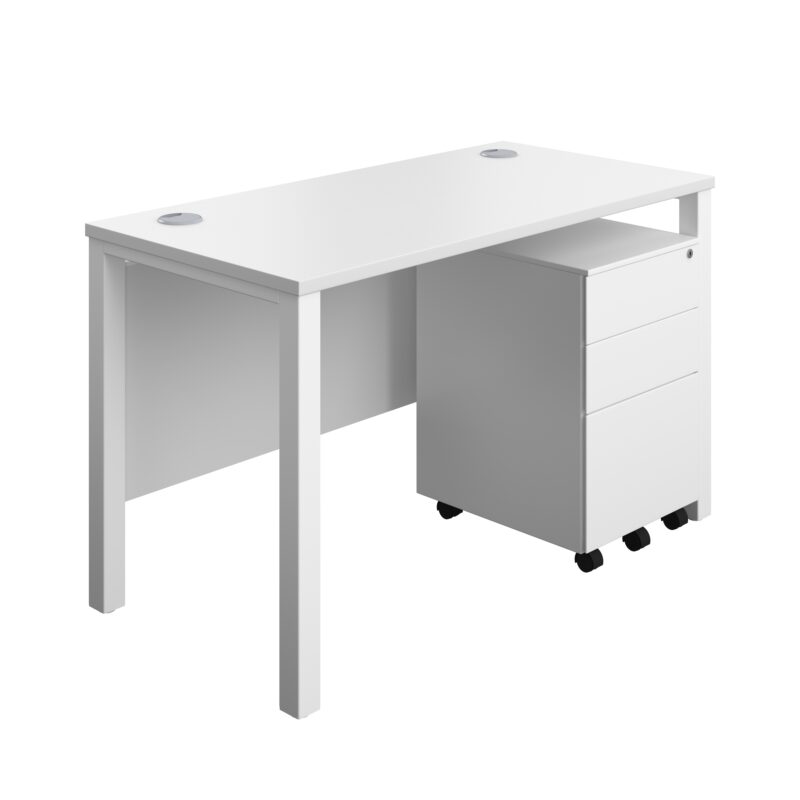 Goal Post Rectangular Desk + 3 Drawer Steel Pedestal | 1200x600 | White/White