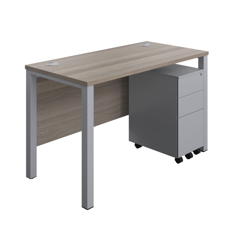 Goal Post Rectangular Desk + 3 Drawer Slimline Steel Pedestal | 1200x600 | Grey oak/Silver