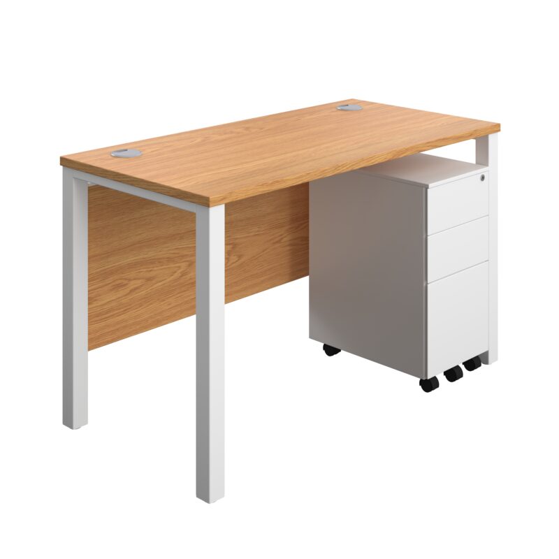 Goal Post Rectangular Desk + 3 Drawer Slimline Steel Pedestal | 1200x600 | Nova oak/White