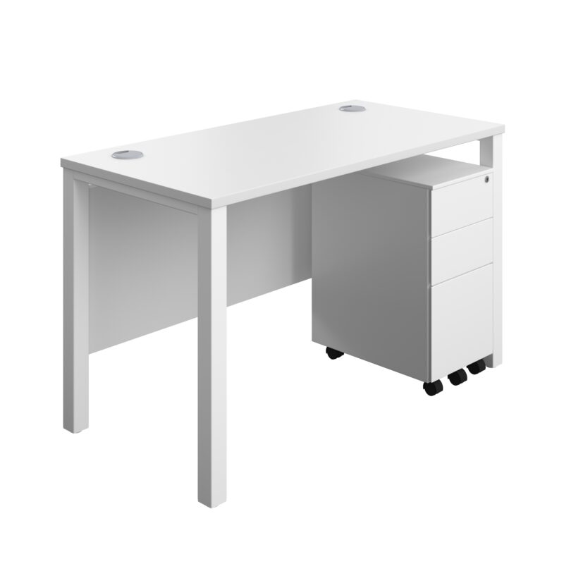 Goal Post Rectangular Desk + 3 Drawer Slimline Steel Pedestal | 1200x600 | White/White