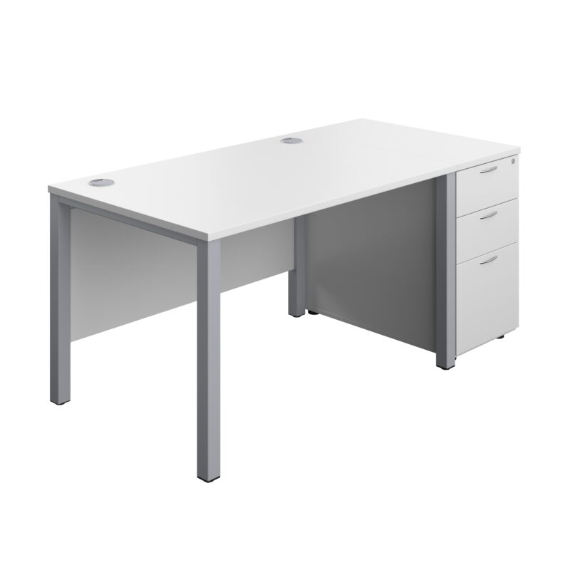 Goal Post Rectangular Desk + 3 Drawer Desk High Pedestal | 1200x800 | White/Silver