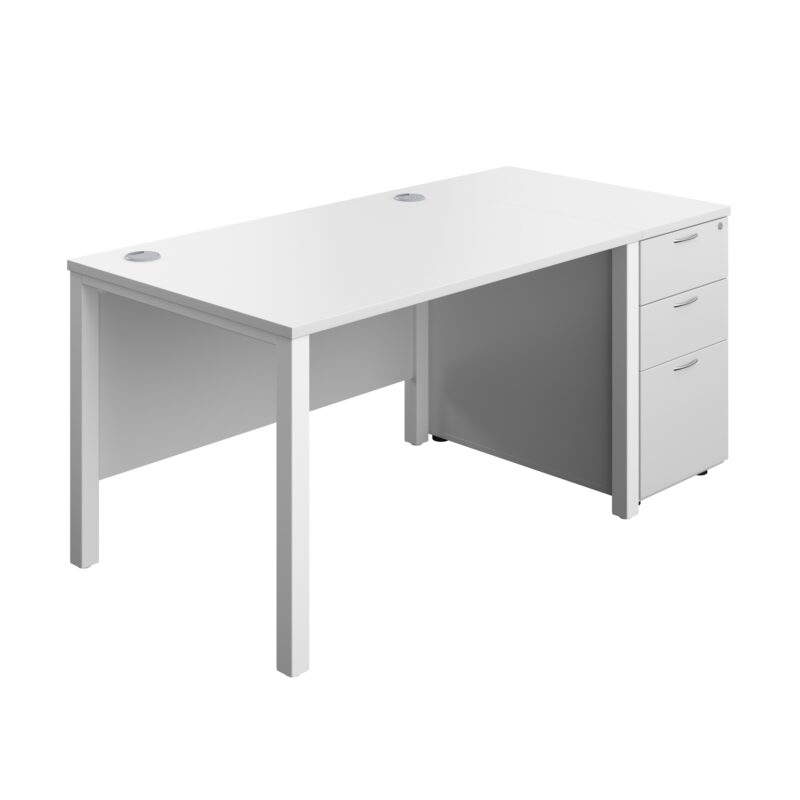 Goal Post Rectangular Desk + 3 Drawer Desk High Pedestal | 1200x800 | White/White