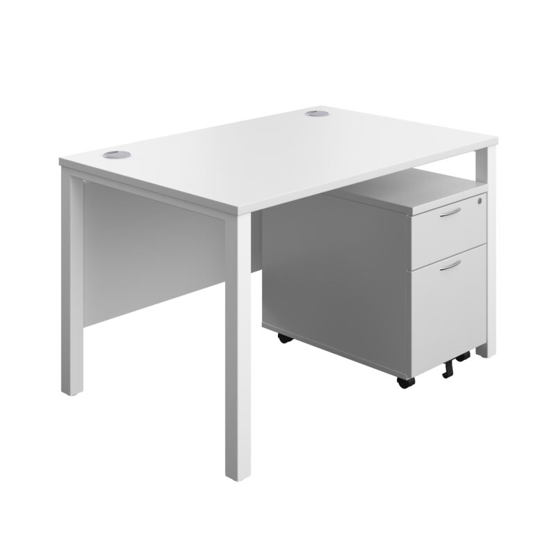 Goal Post Rectangular Desk + 2 Drawer Mobile Pedestal | 1200x800 | White/White