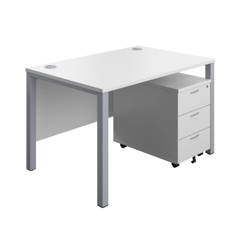 Goal Post Rectangular Desk + 3 Drawer Mobile Pedestal | 1200x800 | White/Silver