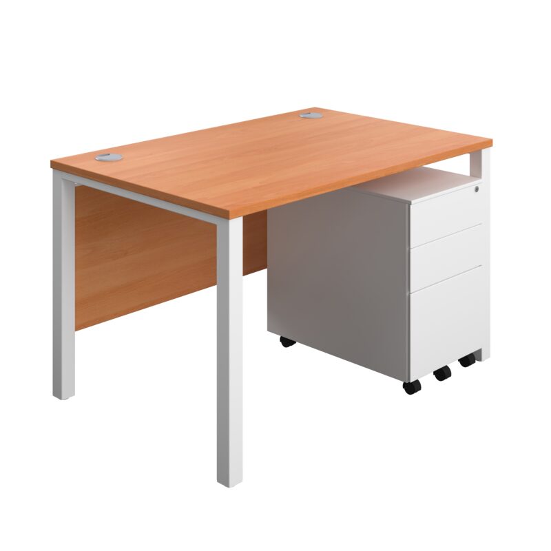 Goal Post Rectangular Desk + 3 Drawer Steel Pedestal | 1200x800 | Beech/White