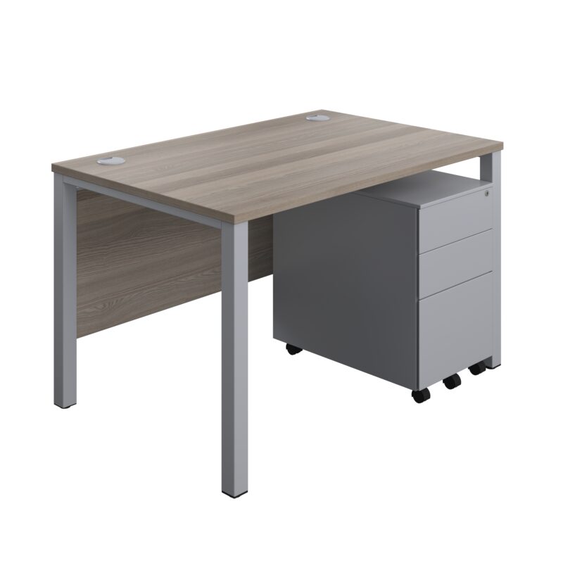 Goal Post Rectangular Desk + 3 Drawer Steel Pedestal | 1200x800 | Grey oak/Silver