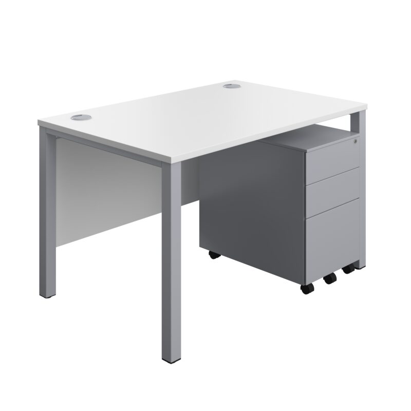 Goal Post Rectangular Desk + 3 Drawer Steel Pedestal | 1200x800 | White/Silver