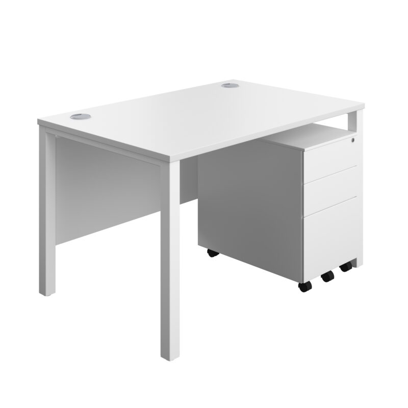 Goal Post Rectangular Desk + 3 Drawer Steel Pedestal | 1200x800 | White/White