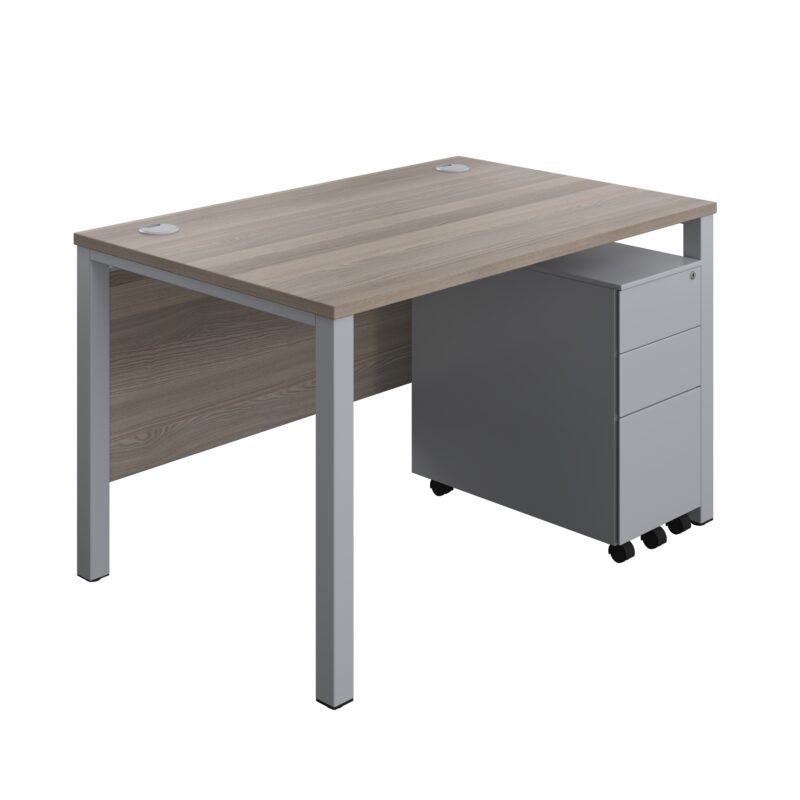 Goal Post Rectangular Desk + 3 Drawer Slimline Steel Pedestal | 1200x800 | Grey oak/Silver