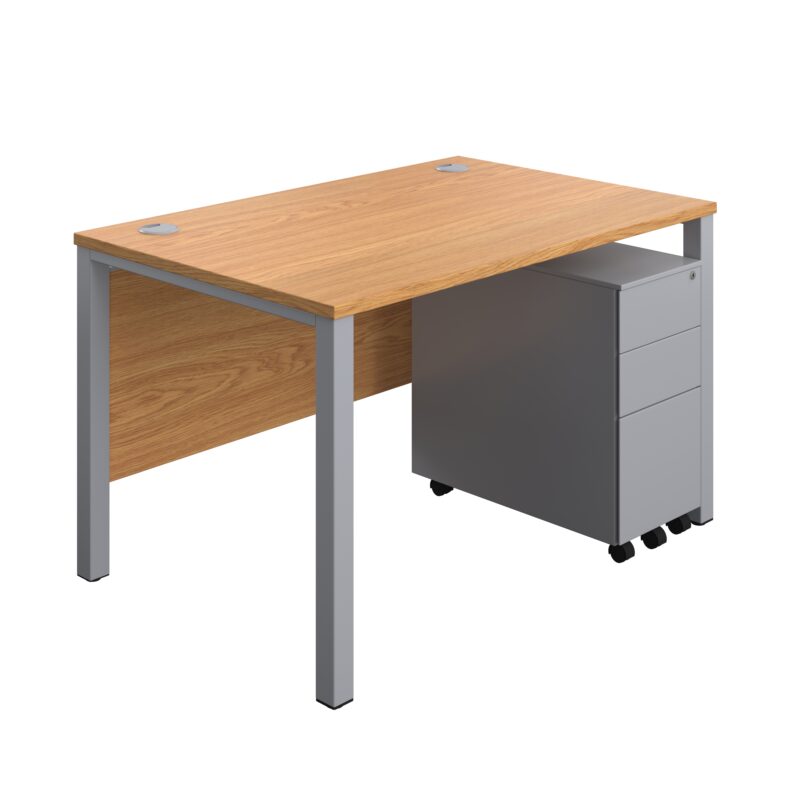 Goal Post Rectangular Desk + 3 Drawer Slimline Steel Pedestal | 1200x800 | Nova oak/Silver