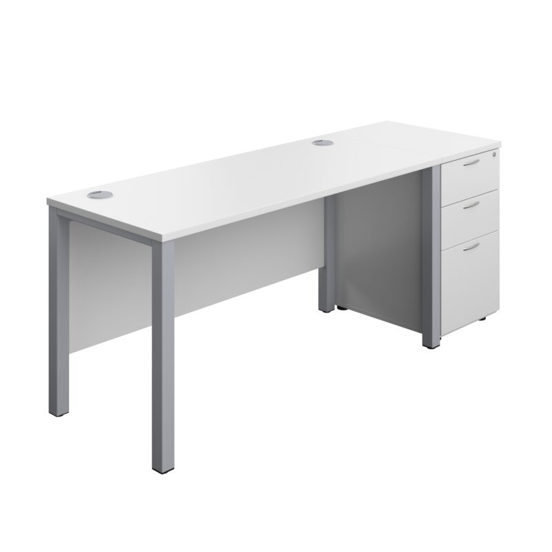 Goal Post Rectangular Desk + 3 Drawer Desk High Pedestal | 1400x600 | White/Silver