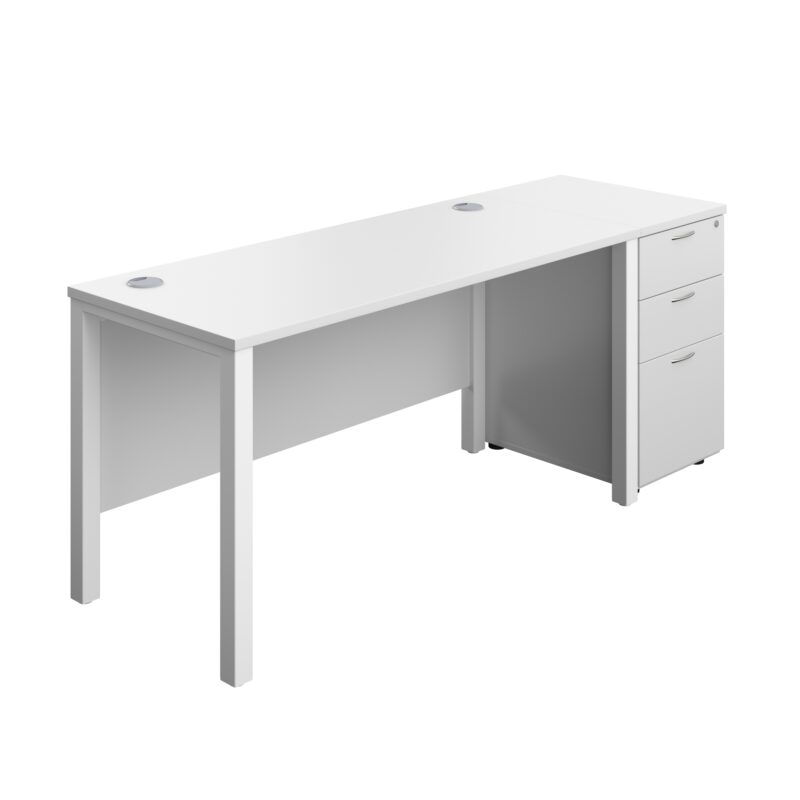 Goal Post Rectangular Desk + 3 Drawer Desk High Pedestal | 1400x600 | White/White