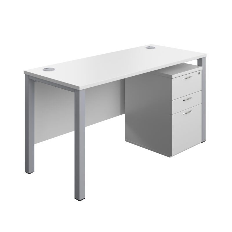 Goal Post Rectangular Desk + 3 Drawer High Mobile Pedestal | 1400x600 | White/Silver