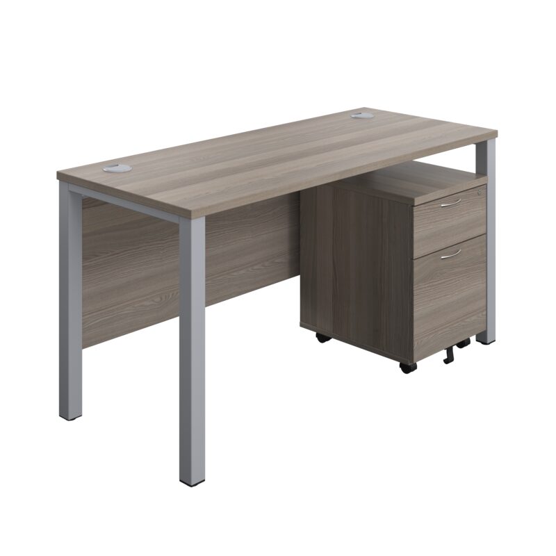 Goal Post Rectangular Desk + 2 Drawer Mobile Pedestal | 1400x600 | Grey oak/Silver