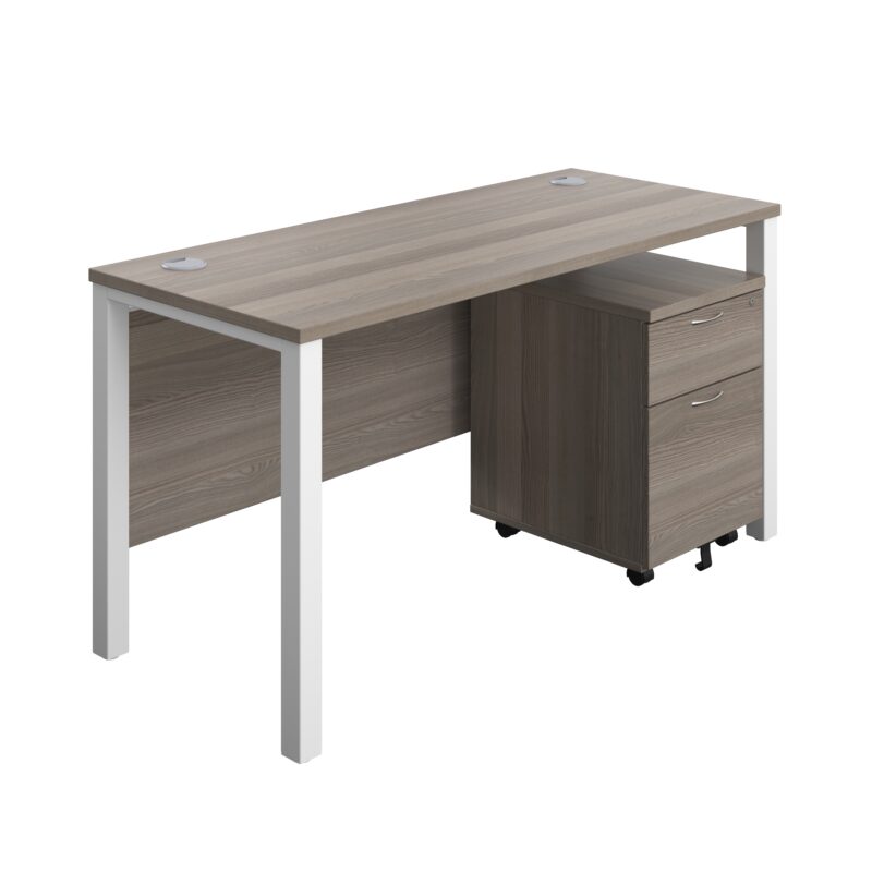 Goal Post Rectangular Desk + 2 Drawer Mobile Pedestal | 1400x600 | Grey oak/White