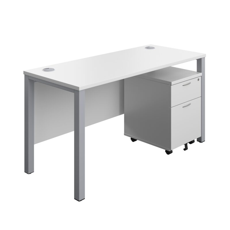 Goal Post Rectangular Desk + 2 Drawer Mobile Pedestal | 1400x600 | White/Silver