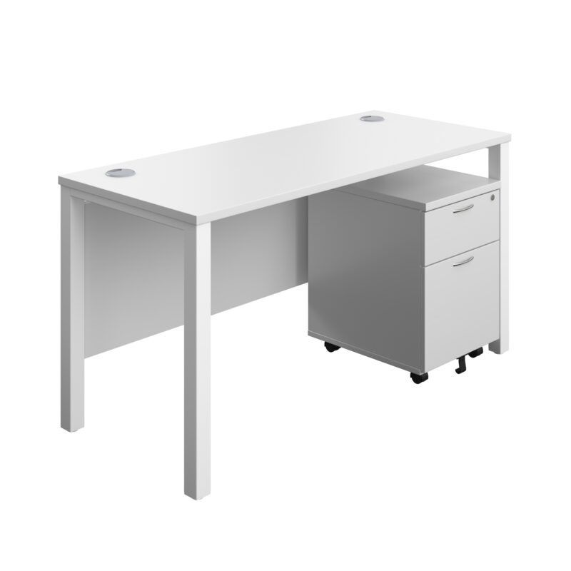 Goal Post Rectangular Desk + 2 Drawer Mobile Pedestal | 1400x600 | White/White