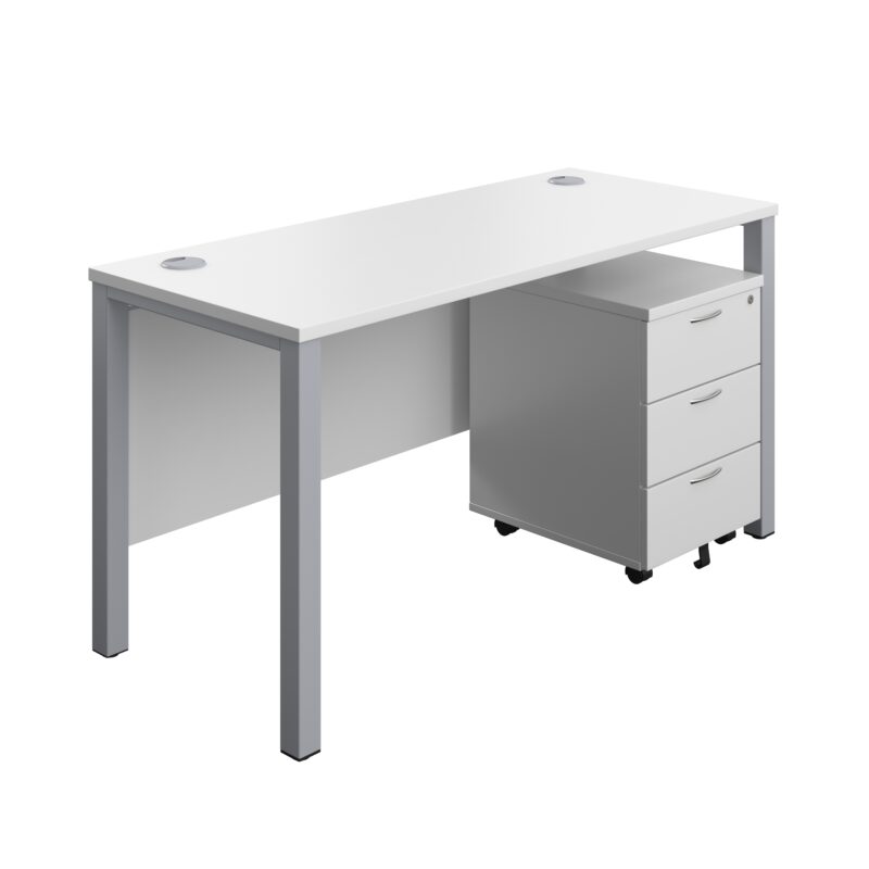 Goal Post Rectangular Desk + 3 Drawer Mobile Pedestal | 1400x600 | White/Silver