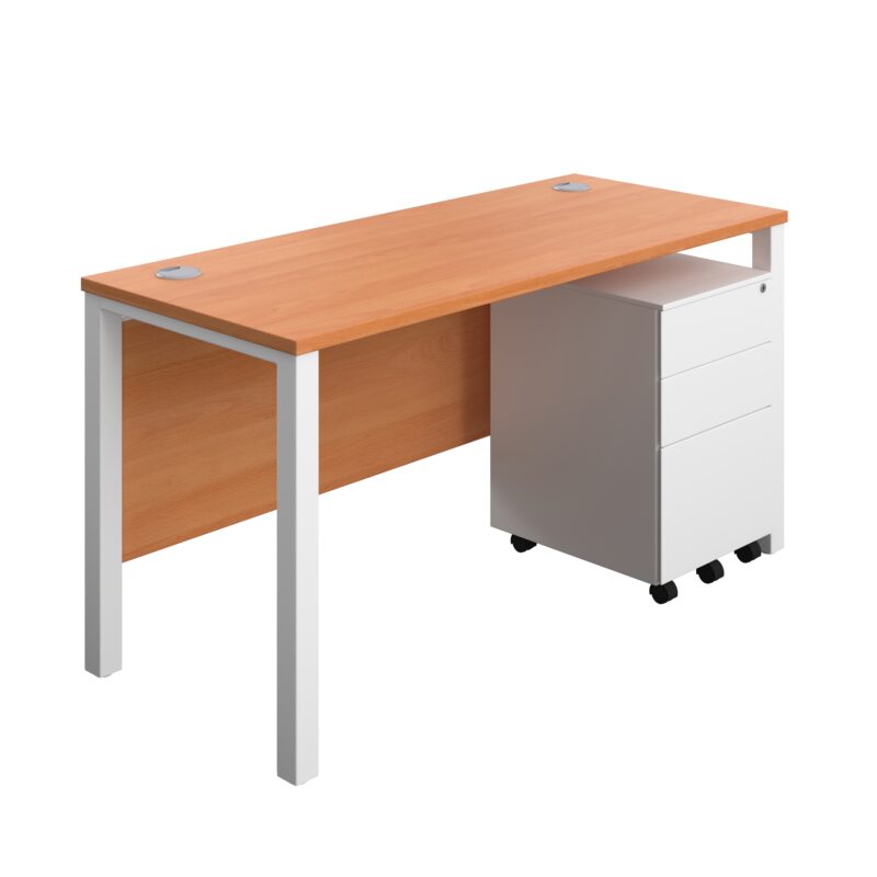 Goal Post Rectangular Desk + 3 Drawer Steel Pedestal | 1400x600 | Beech/White