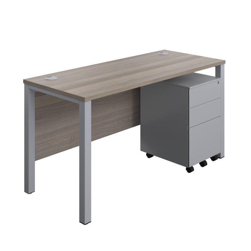 Goal Post Rectangular Desk + 3 Drawer Steel Pedestal | 1400x600 | Grey oak/Silver